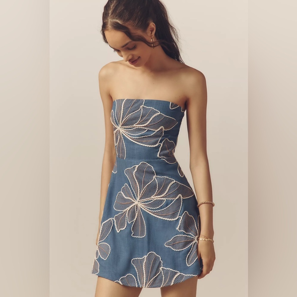 NWT! Anthropologie Blue Flat White Strapless Mini Dress -Multiple 🔎